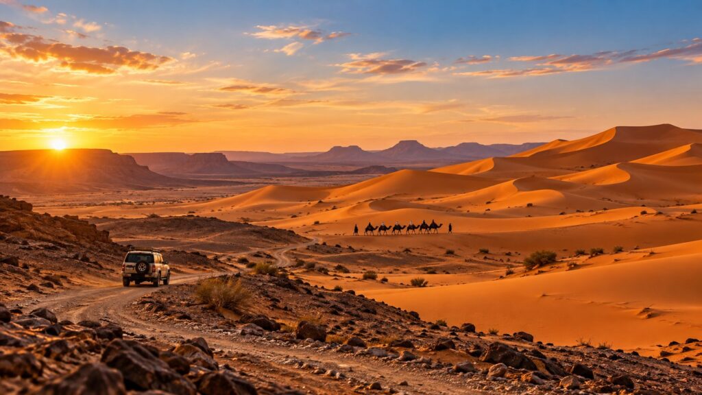 Desert road leading toward the golden dunes of Merzouga at sunset