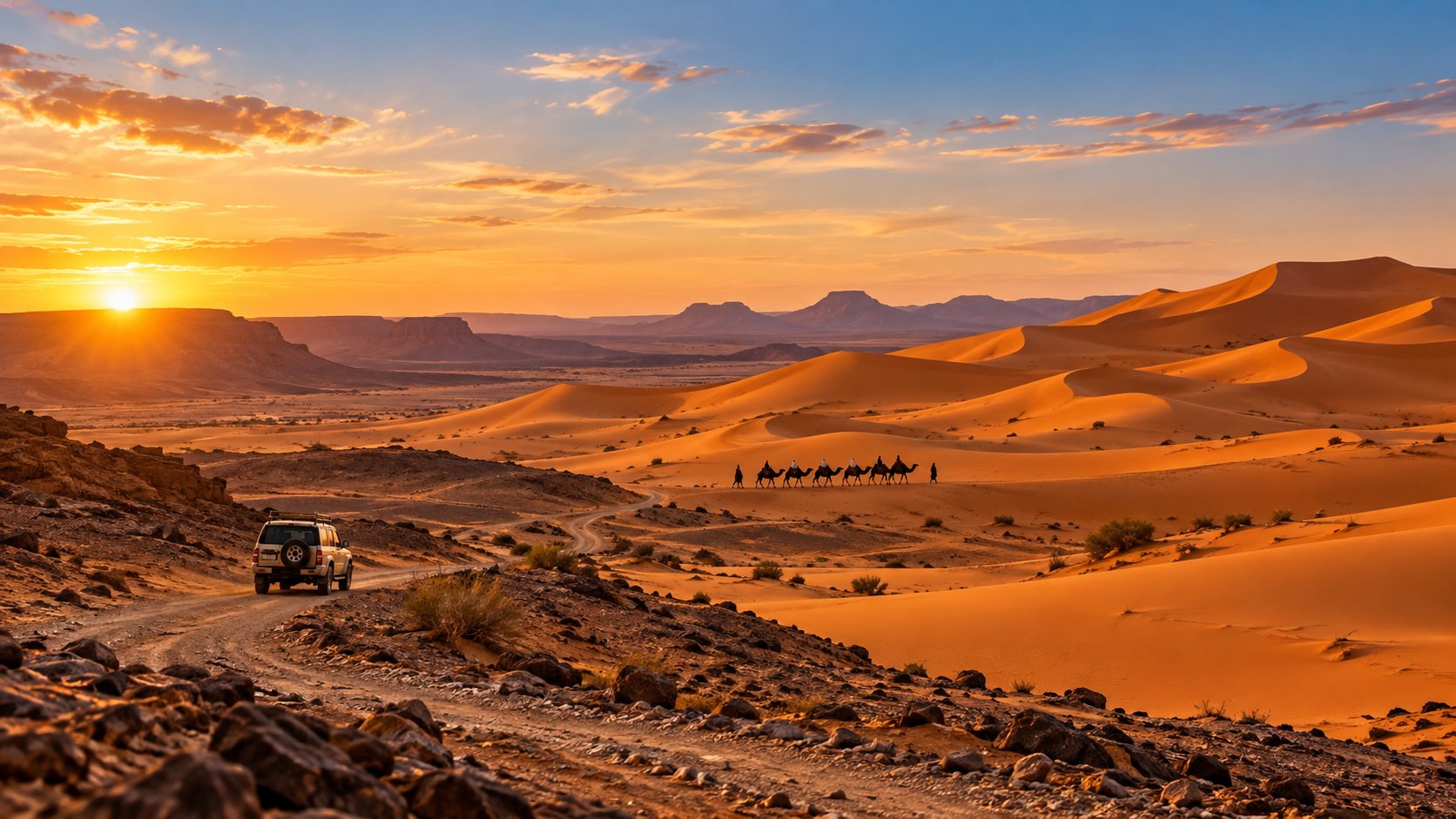 Desert road leading toward the golden dunes of Merzouga at sunset