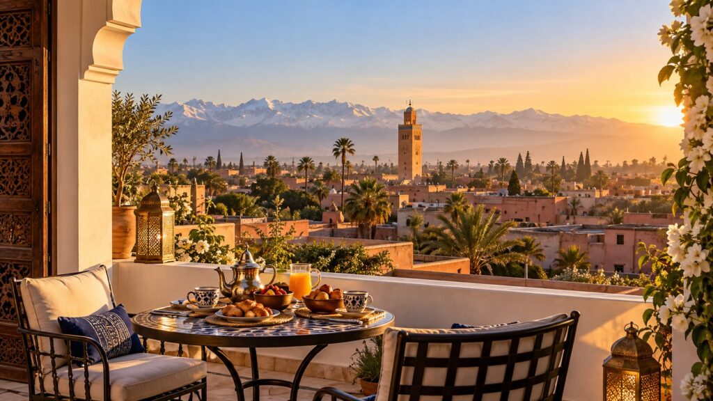 Luxury riad terrace overlooking Marrakech and the Atlas Mountains at sunrise