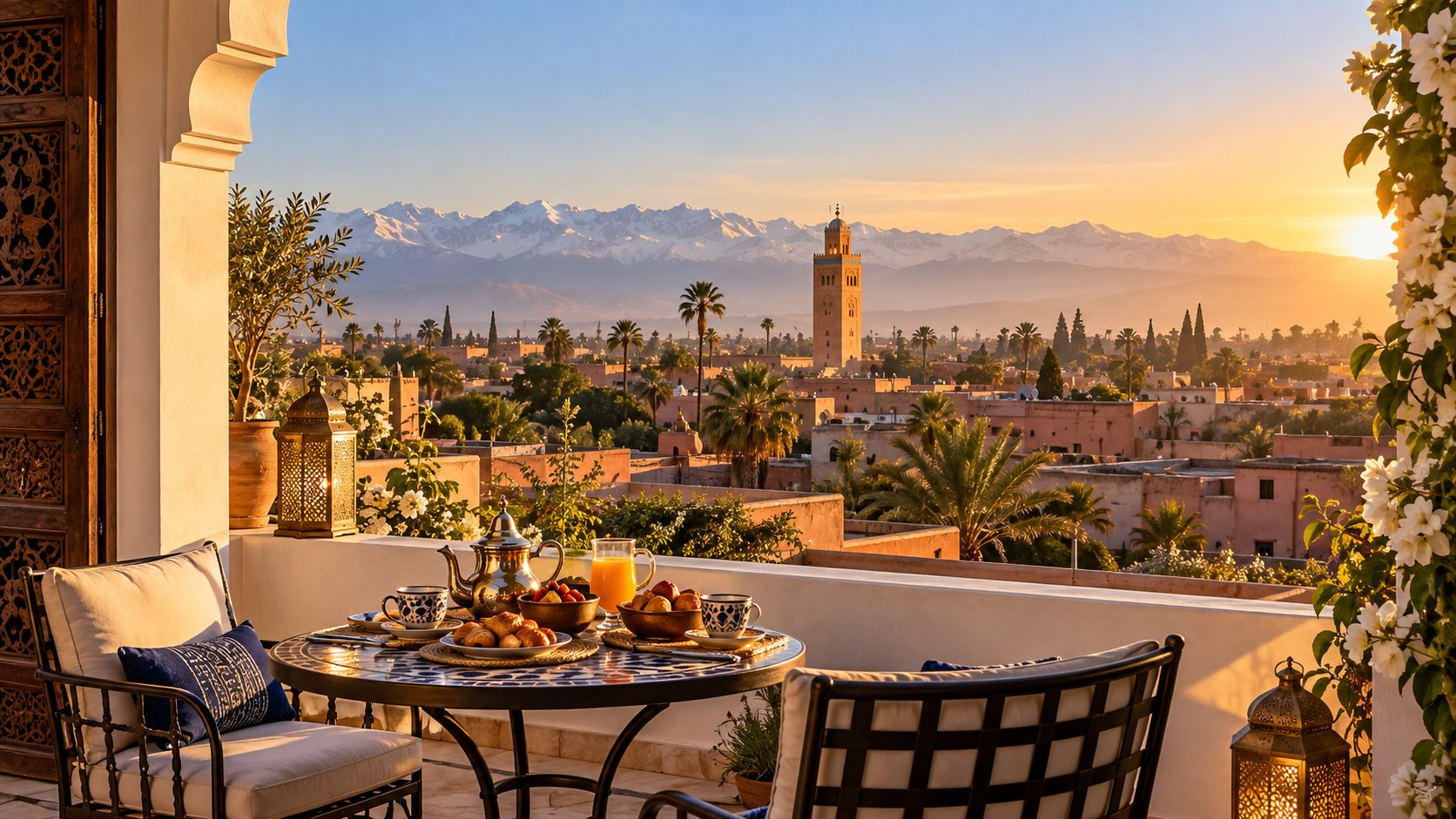 Luxury riad terrace overlooking Marrakech and the Atlas Mountains at sunrise