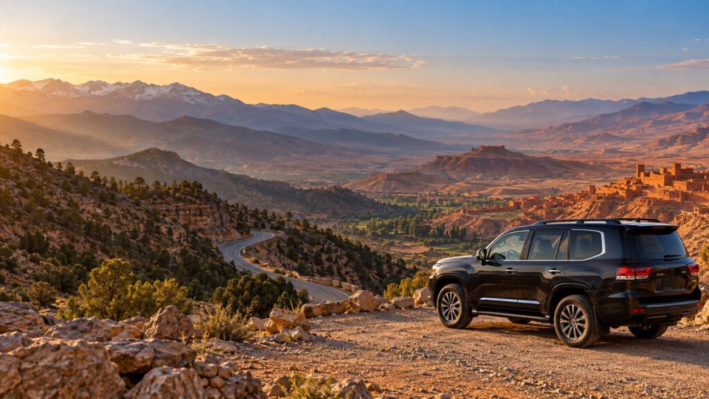 Private vehicle overlooking a scenic Morocco route between the Atlas Mountains and desert landscape
